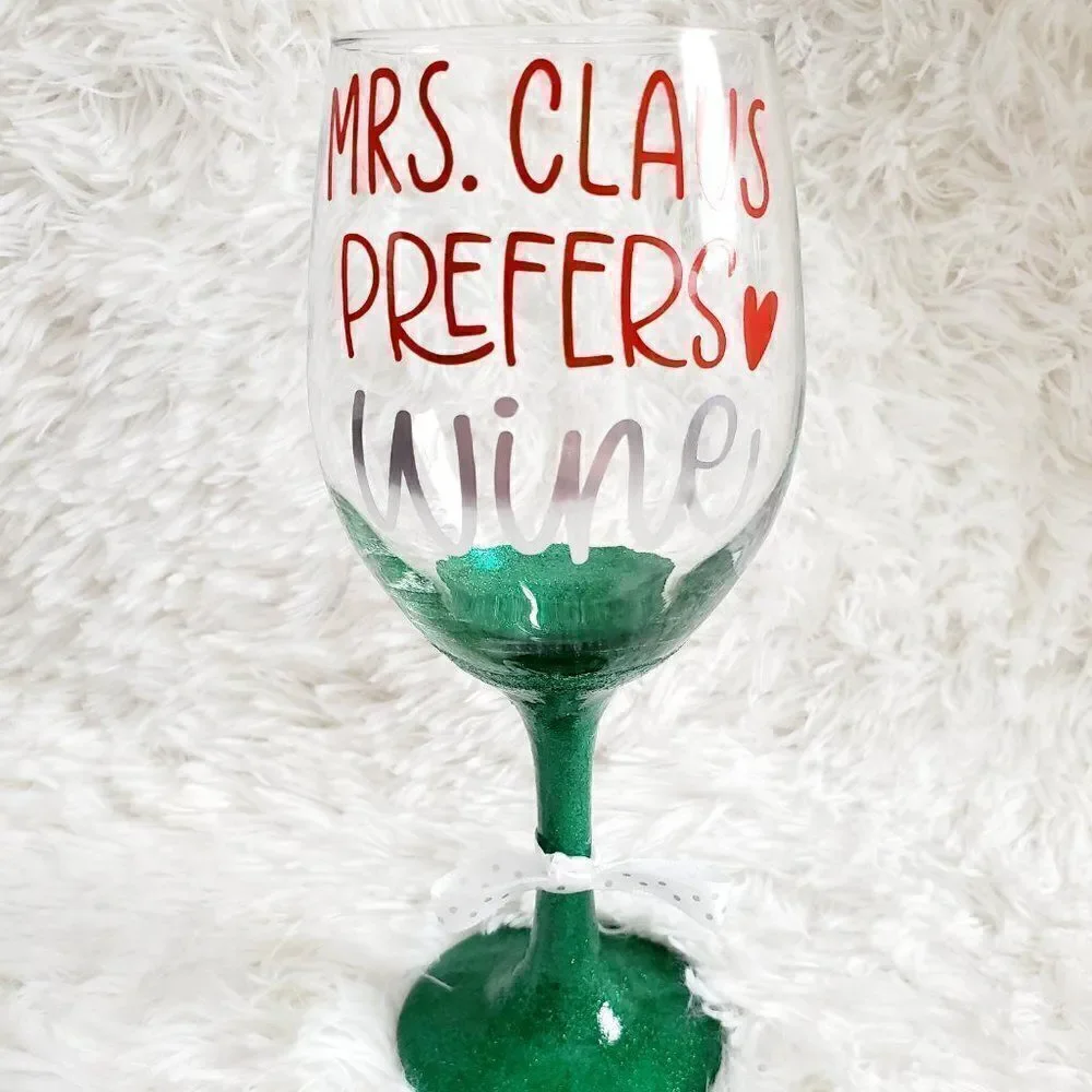 Mrs Claus Prefers Wine Green Glittered Stemmed Wine Glass, Funny Christmas Glass